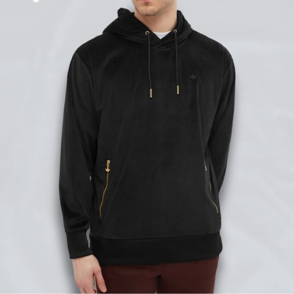 adidas Black Velour Men's Hoodie with Gold Accents
